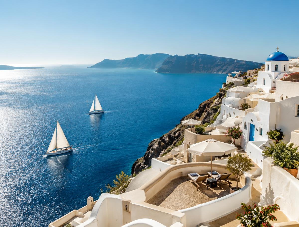White Aegean village above blue sea