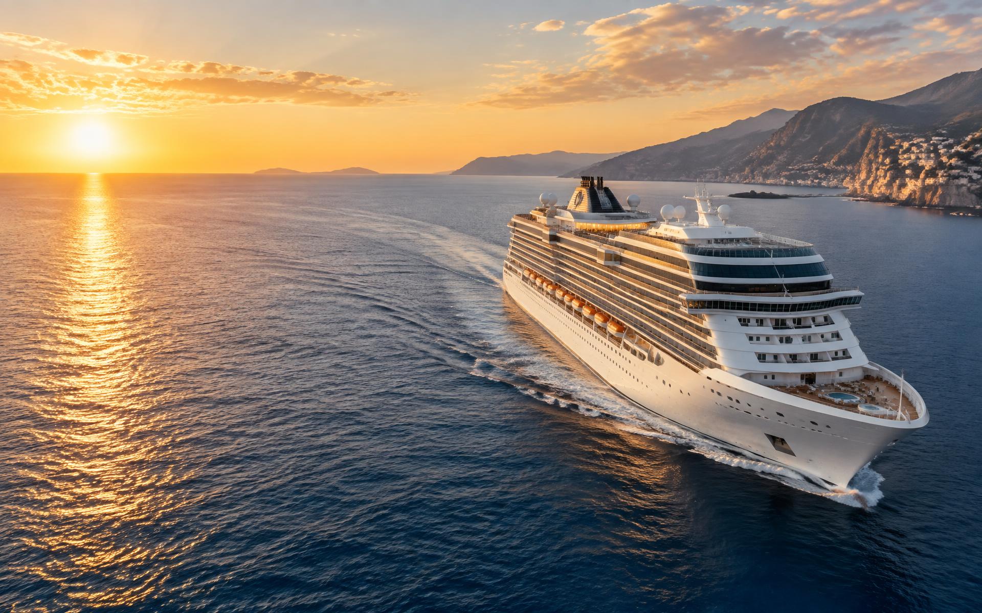 Elegant cruise ship sailing at golden hour